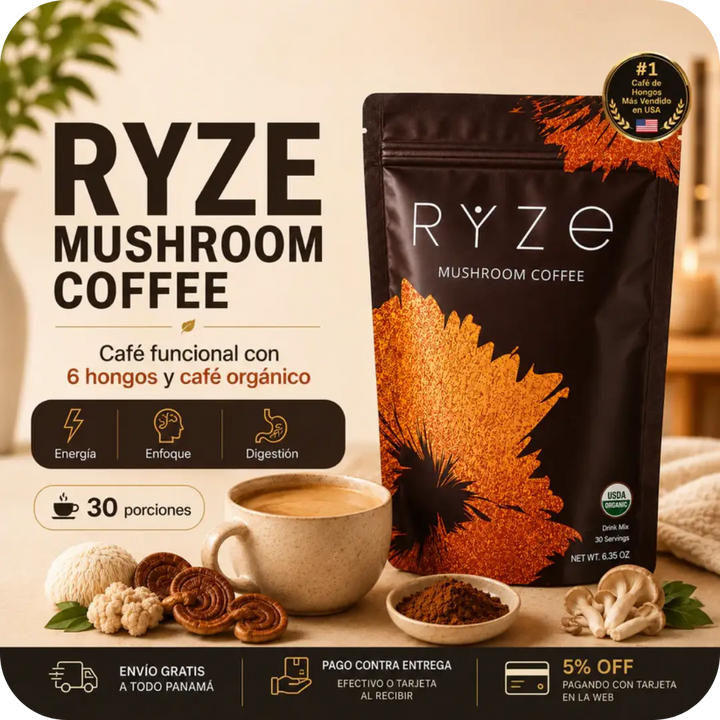 RYZE Complemento Coffee – Café Funcional con 6 Hongos y Café Orgánico | 30 Porciones